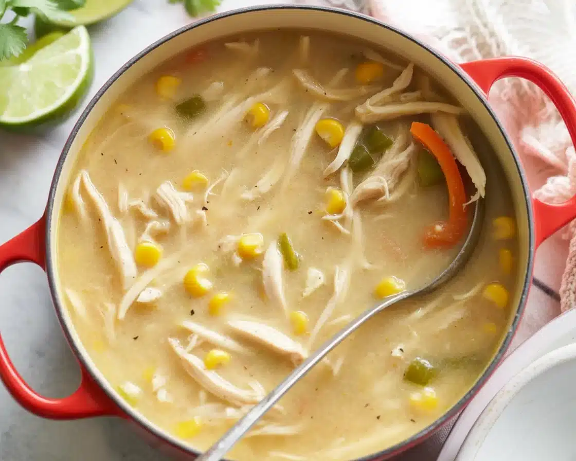 Creamy White Chili Chicken served in a bowl with fresh toppings.