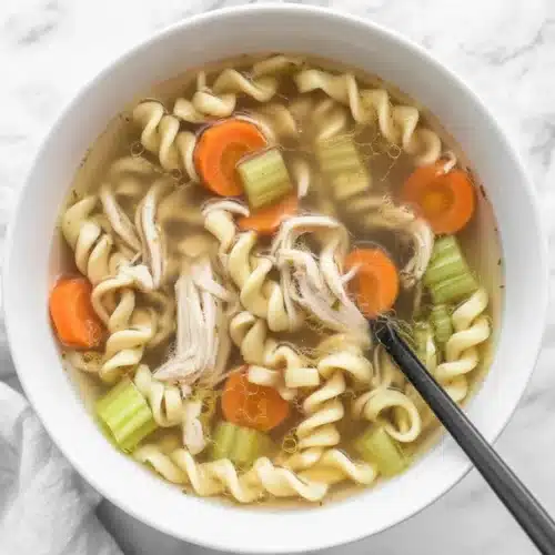Bowl of homemade Chicken Noodle Soup made in a Crock Pot with vegetables and chicken.