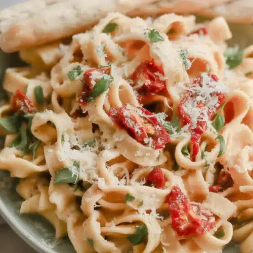 Creamy Boursin Cheese Pasta with cherry tomatoes and garlic served in a bowl