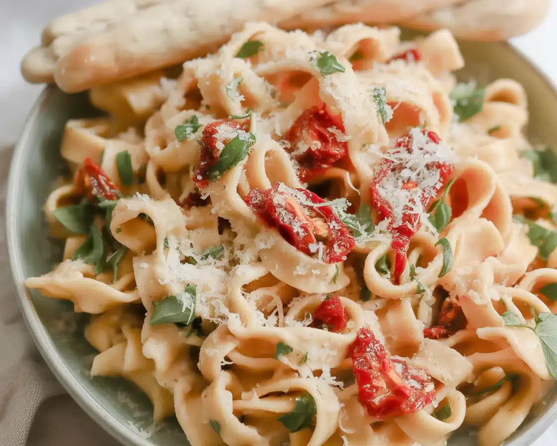 Creamy Boursin Cheese Pasta with cherry tomatoes and garlic served in a bowl