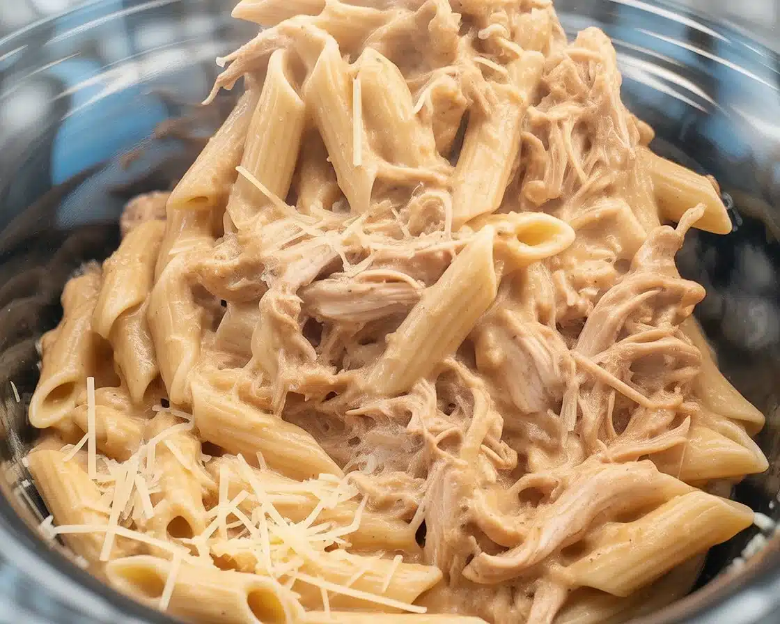 Creamy Marry Me Chicken Pasta made in a crockpot with garlic and sun-dried tomatoes.