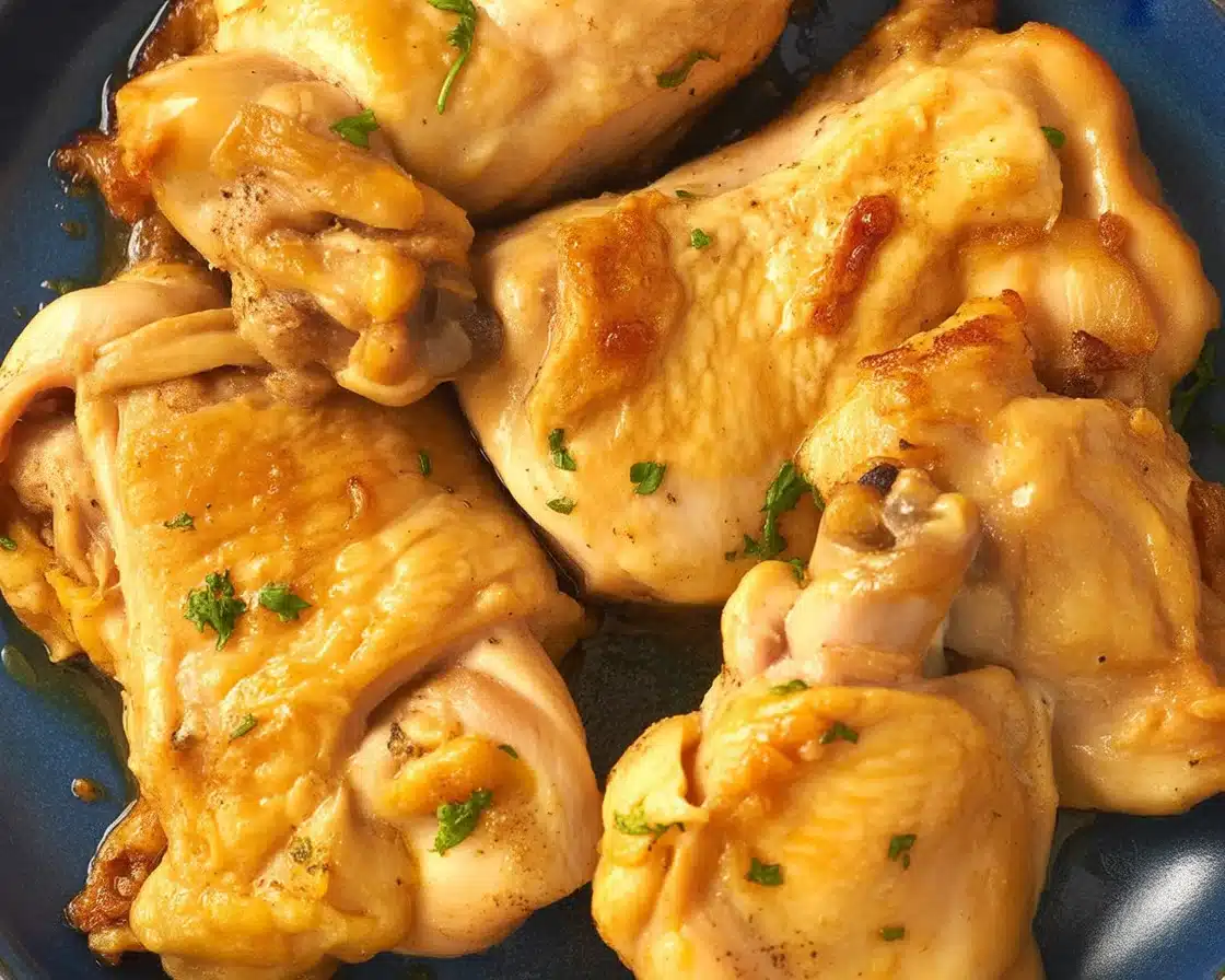 Crispy and juicy baked bone-in chicken thighs fresh from the oven.