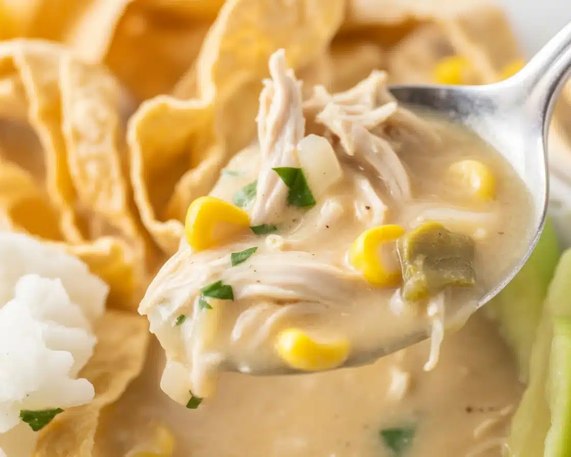 Creamy White Chicken Chili made in a Crockpot with beans, chicken, and spices.