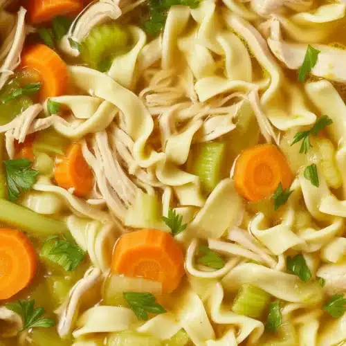 Bowl of easy chicken noodle soup with vegetables and chicken, ready in 30 minutes.