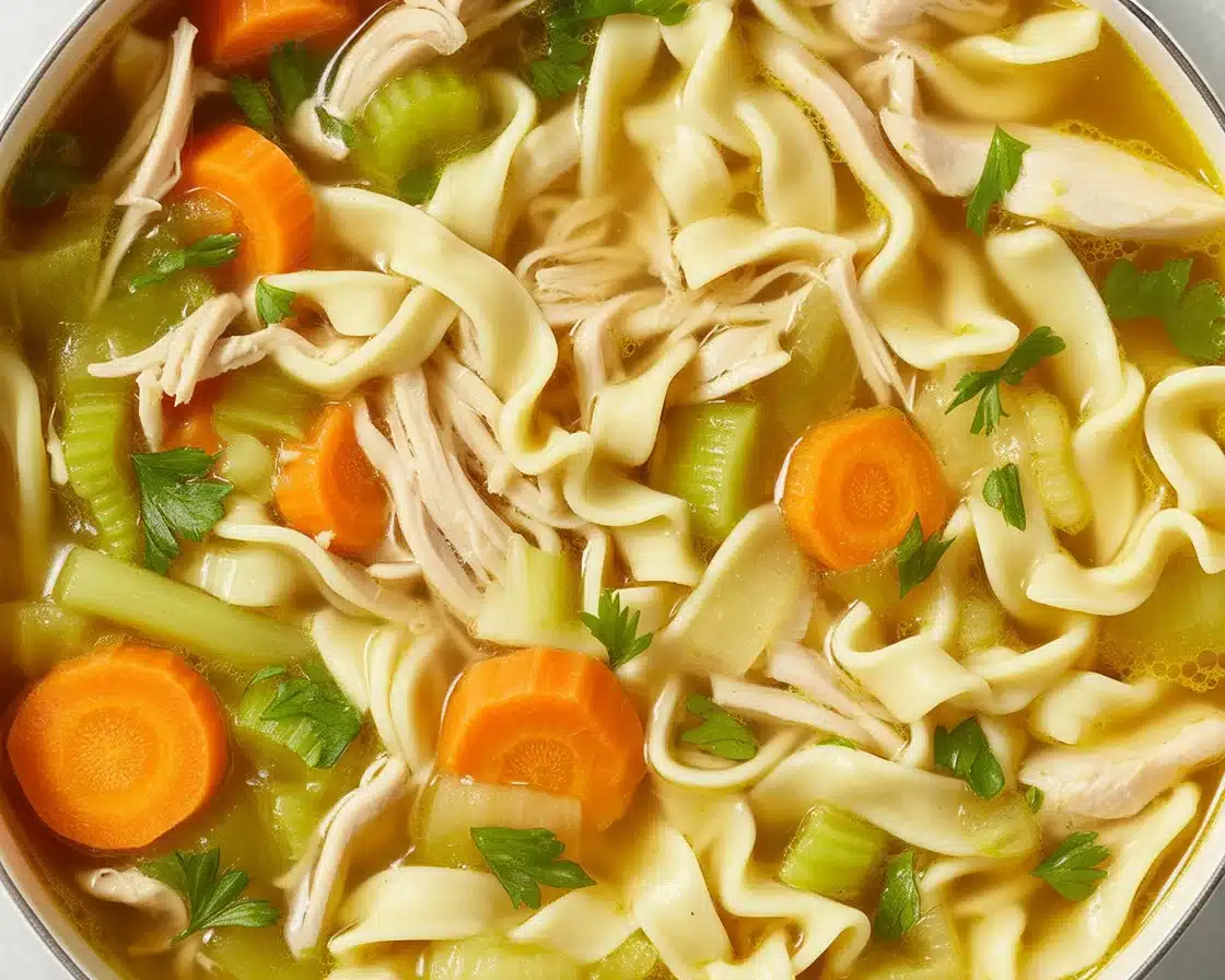 Bowl of easy chicken noodle soup with vegetables and chicken, ready in 30 minutes.
