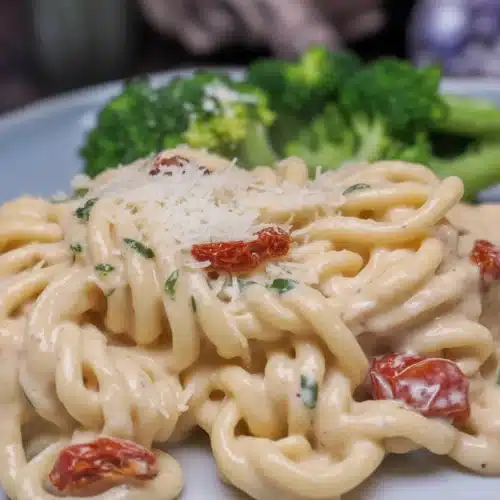 Crockpot Marry Me Chicken Pasta with sun-dried tomatoes and creamy sauce