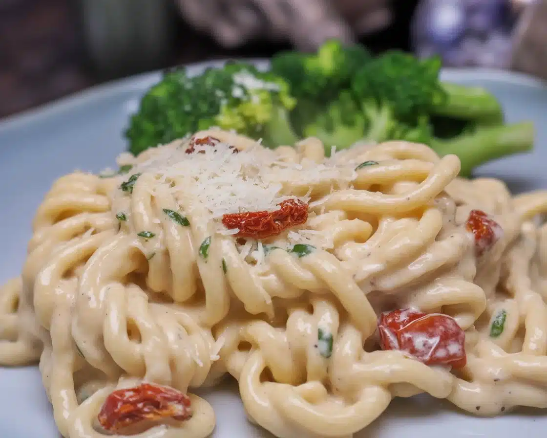 Crockpot Marry Me Chicken Pasta with sun-dried tomatoes and creamy sauce