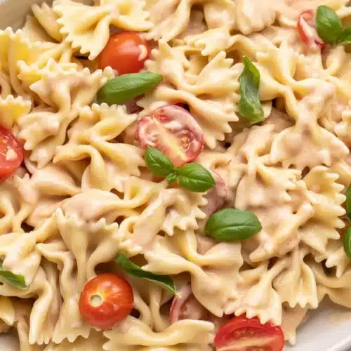 Creamy Pasta Boursin with tomatoes and garlic served in a bowl, inspired by viral TikTok recipes.
