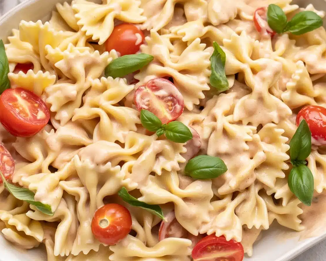 Creamy Pasta Boursin with tomatoes and garlic served in a bowl, inspired by viral TikTok recipes.