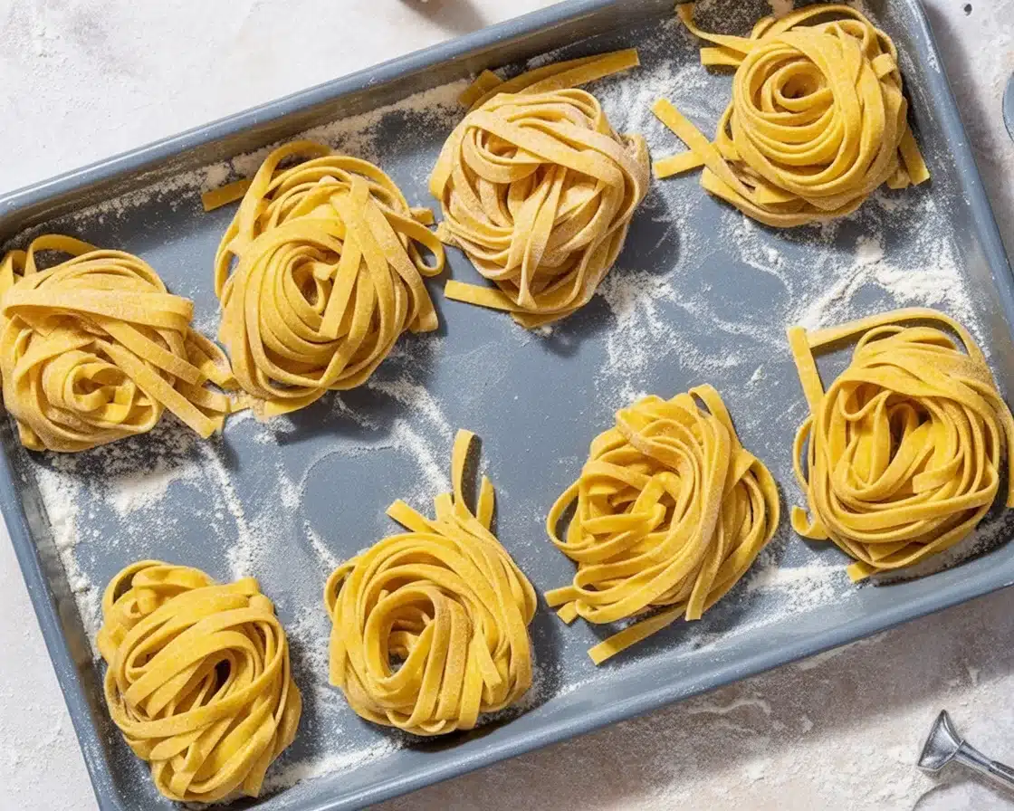 Fresh pasta dough made from flour and eggs on a clean work surface.