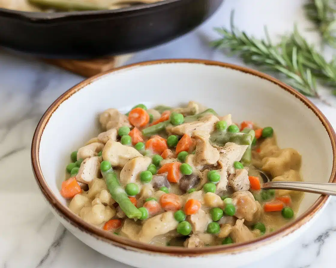 One Pot Chicken Pot Pie with chicken, vegetables, and creamy sauce in a skillet.