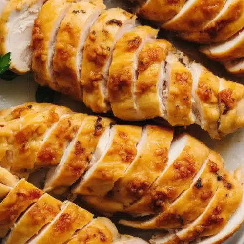 Juicy slow-cooked chicken breast in a crock pot topped with herbs and spices.