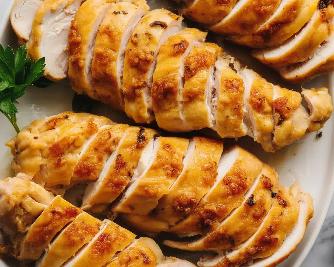 Juicy slow-cooked chicken breast in a crock pot topped with herbs and spices.