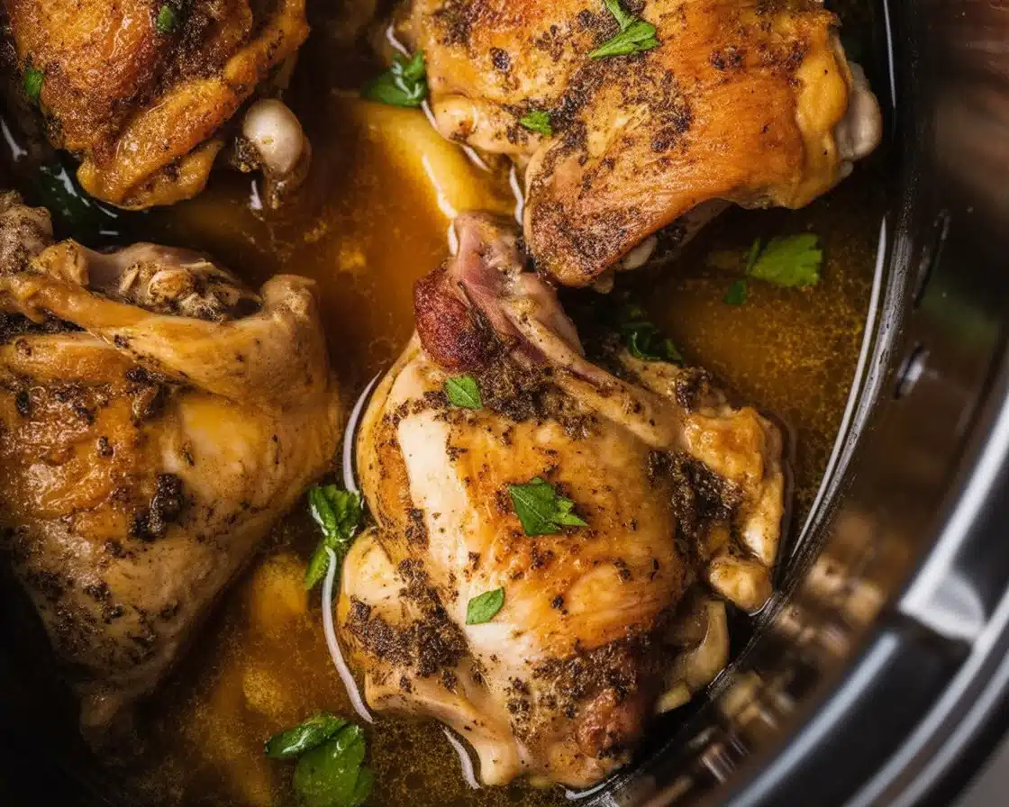Tender bone-in chicken thighs cooked in a crockpot with garlic and herbs.