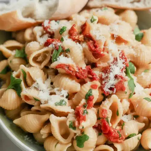 Delicious Pasta With Boursin Cheese topped with roasted tomatoes and herbs.