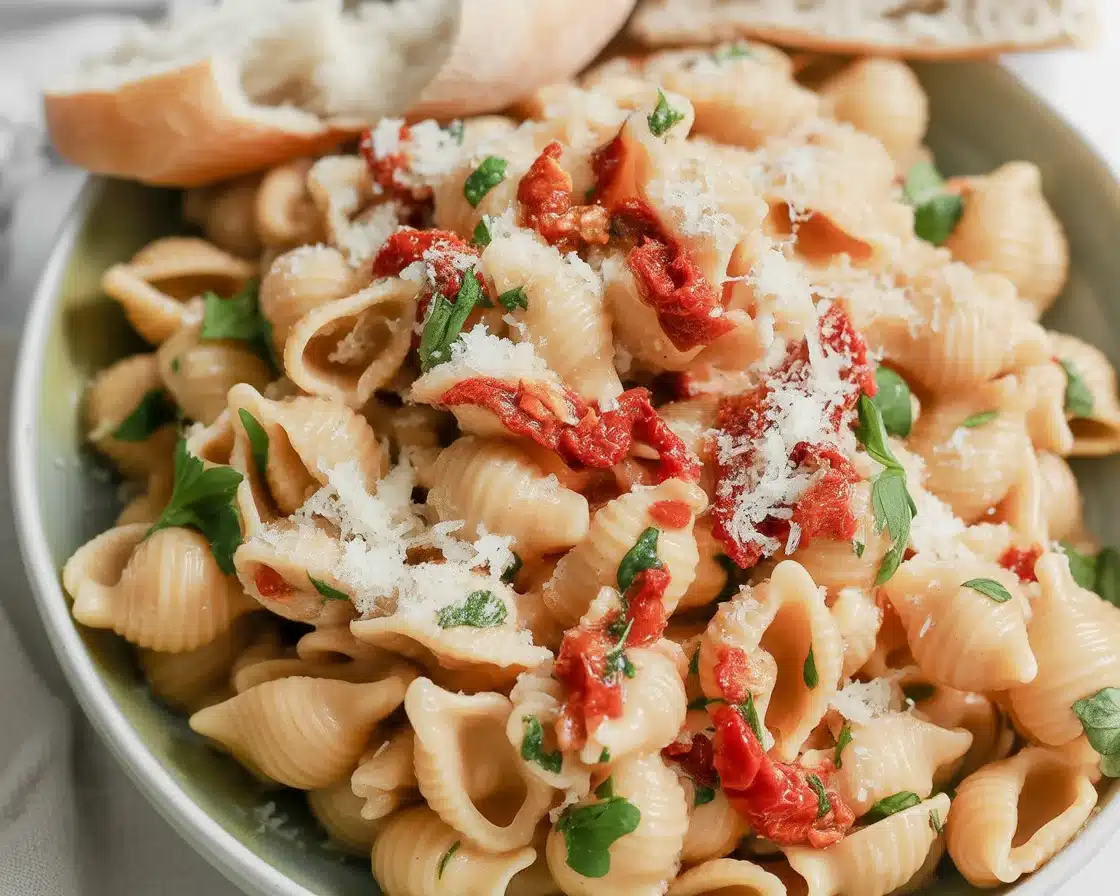 Delicious Pasta With Boursin Cheese topped with roasted tomatoes and herbs.