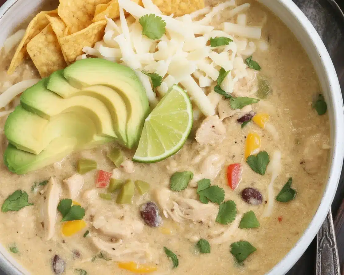 Bowl of easy White Chicken Chili with shredded chicken, beans, and spices.
