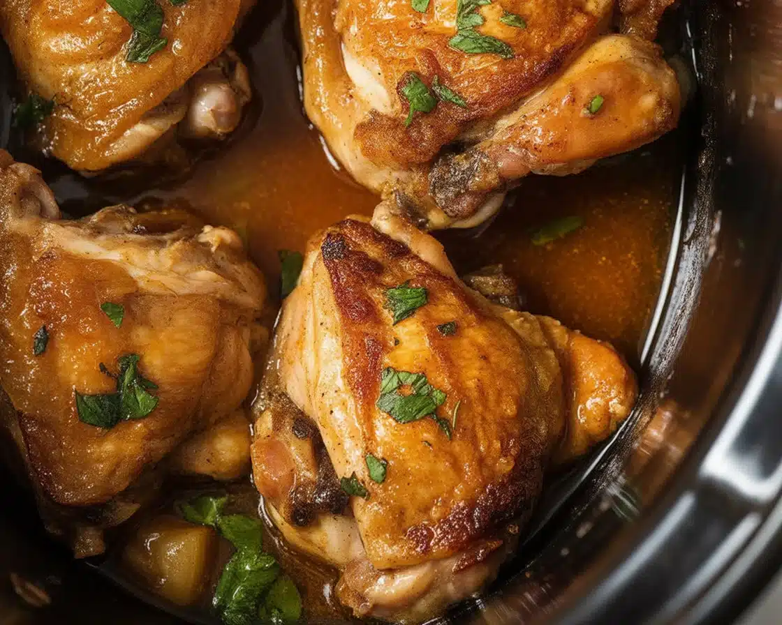 Delicious slow cooker chicken thighs dish with garlic and herbs