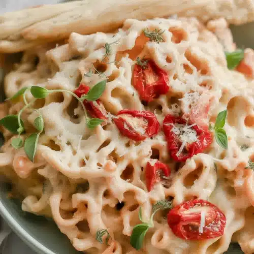 Creamy Boursin Pasta Bake with tomatoes and spices in a baking dish.