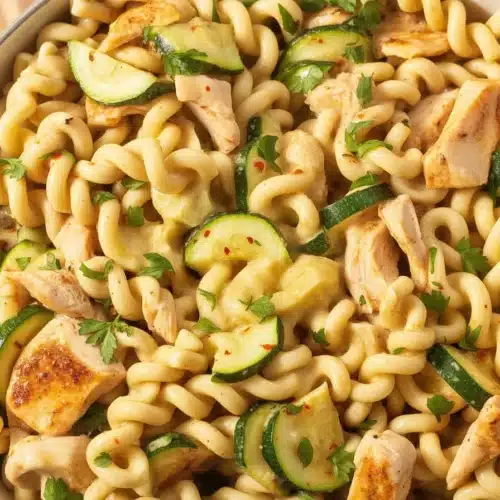 A delicious plate of Chicken Zucchini Pasta with sautéed zucchini and tender chicken.