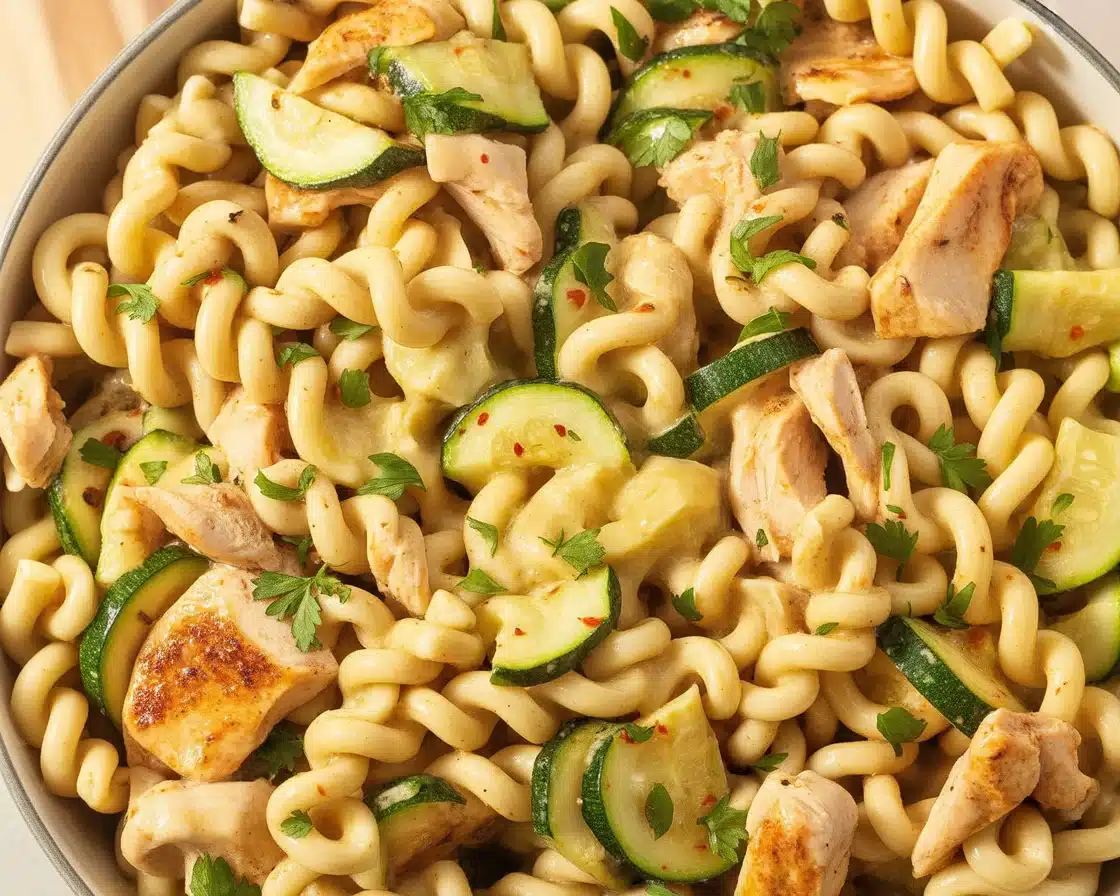 A delicious plate of Chicken Zucchini Pasta with sautéed zucchini and tender chicken.