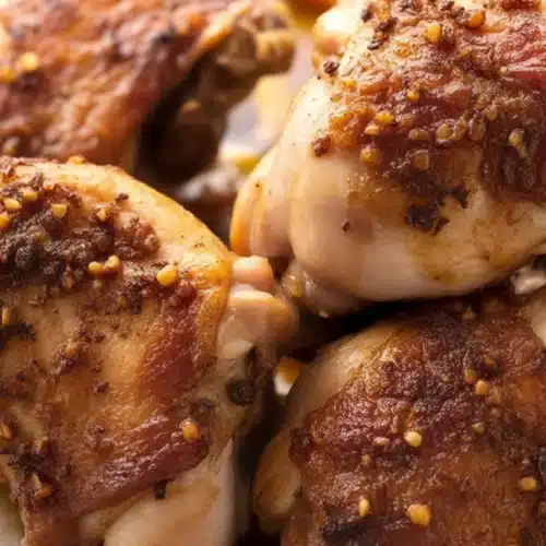 Crispy and juicy baked chicken thighs garnished with herbs