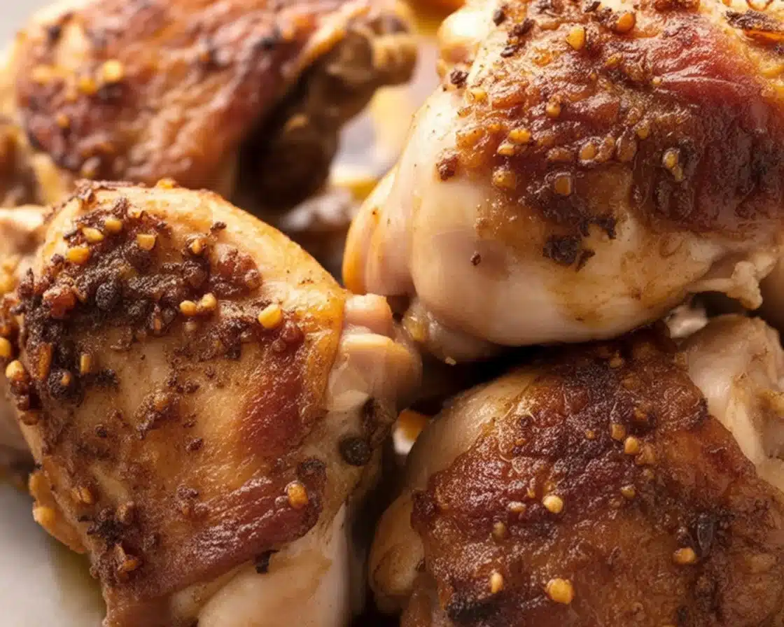 Crispy and juicy baked chicken thighs garnished with herbs