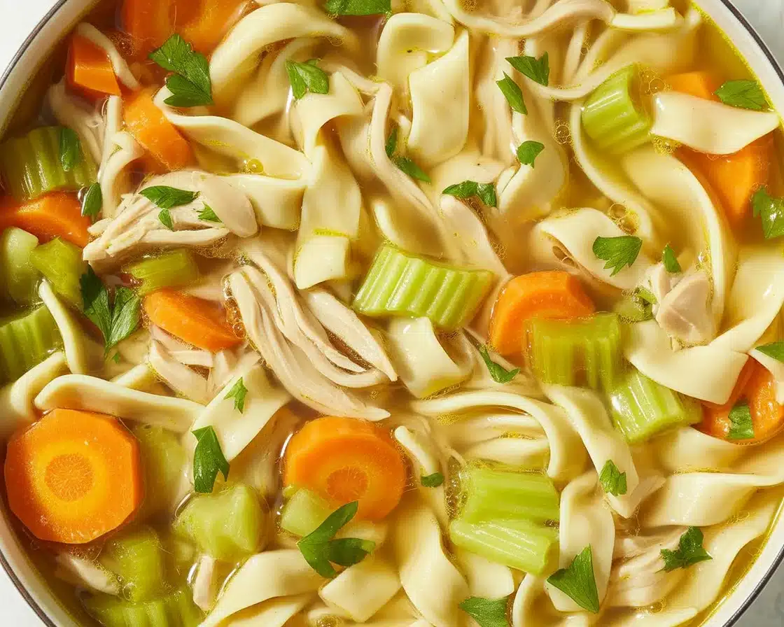 A bowl of steaming homemade chicken noodle soup with vegetables and herbs.