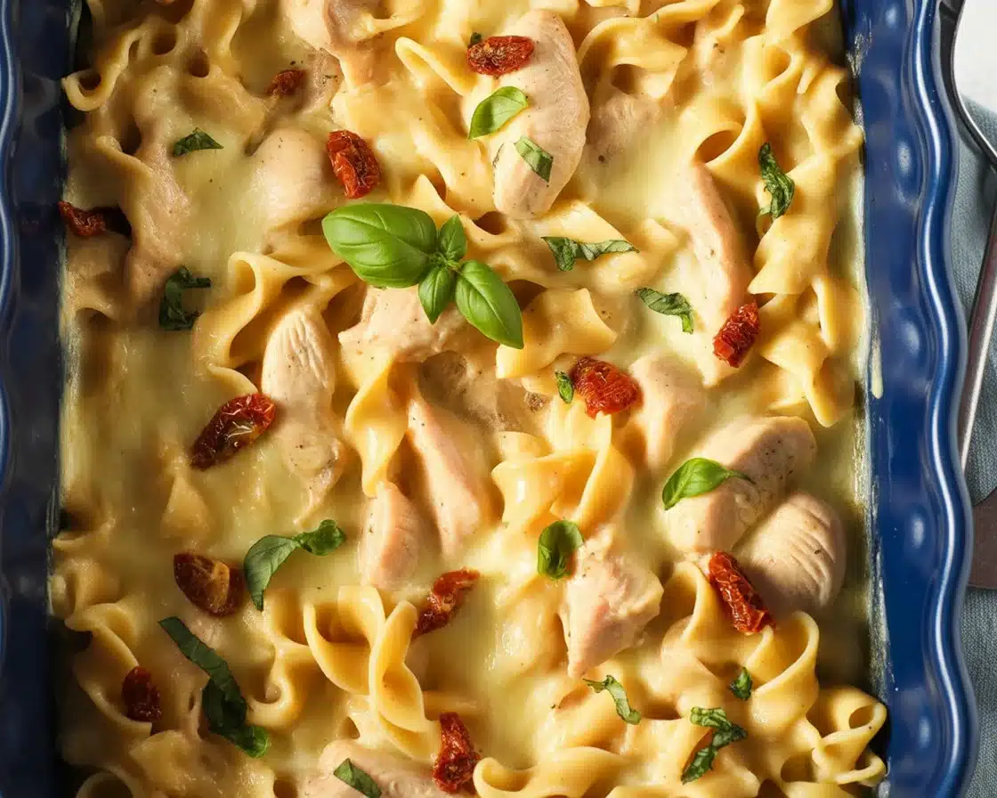 Creamy Marry Me Chicken Casserole with sun-dried tomatoes and pasta