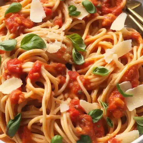 A bowl of pasta topped with fresh tomatoes, basil, and garlic, representing a quick summer dish.