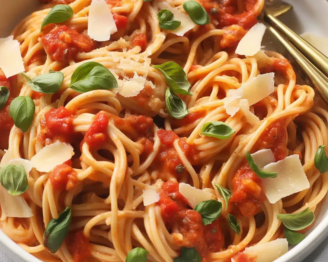 A bowl of pasta topped with fresh tomatoes, basil, and garlic, representing a quick summer dish.