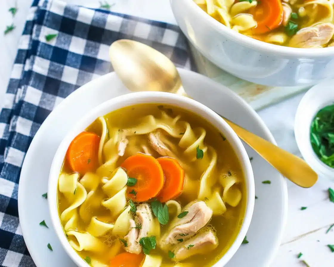 Bowl of hearty Chicken Noodle Soup With Rotisserie Chicken and fresh vegetables.