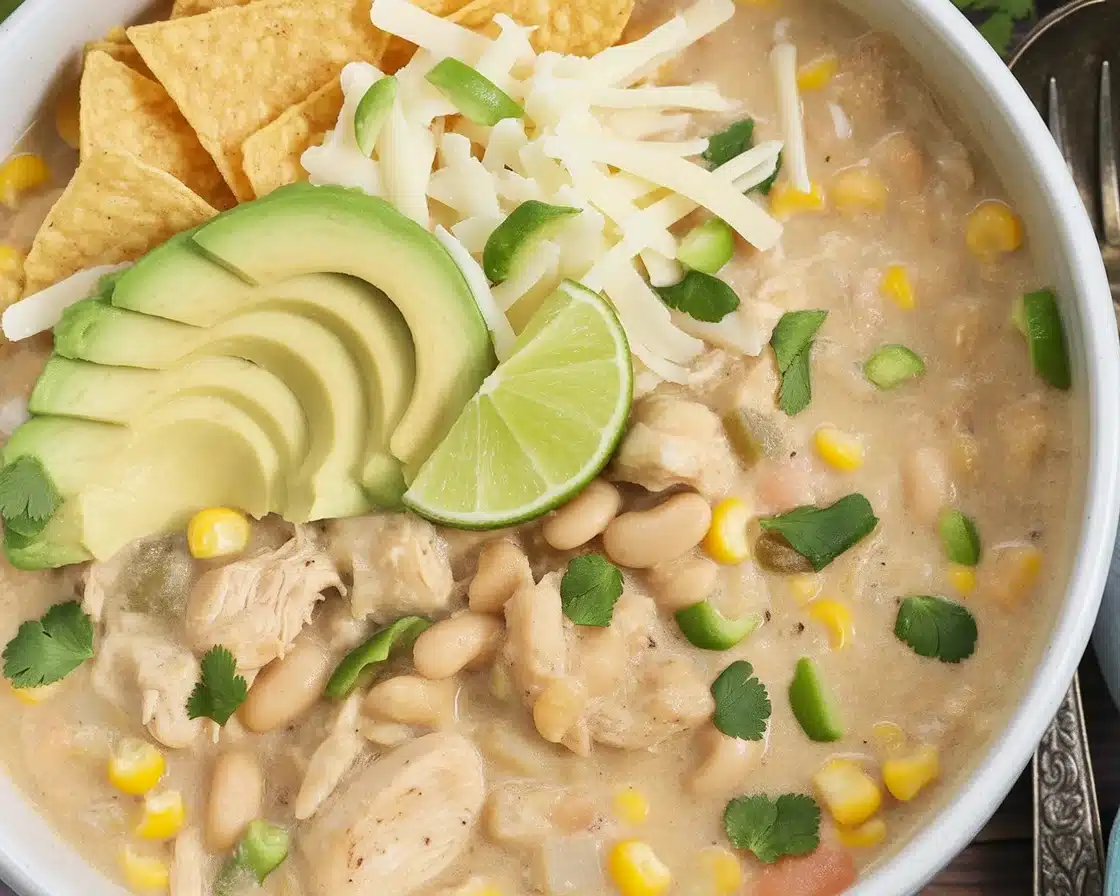 Delicious bowl of creamy White Chicken Chili topped with cilantro and served with fresh bread.