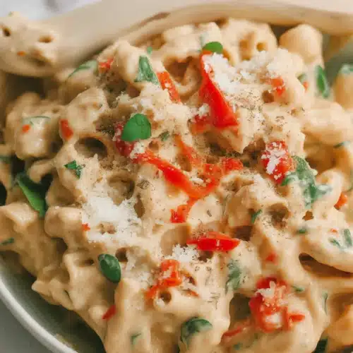 Creamy Baked Boursin Pasta with tomatoes and garlic in a baking dish.