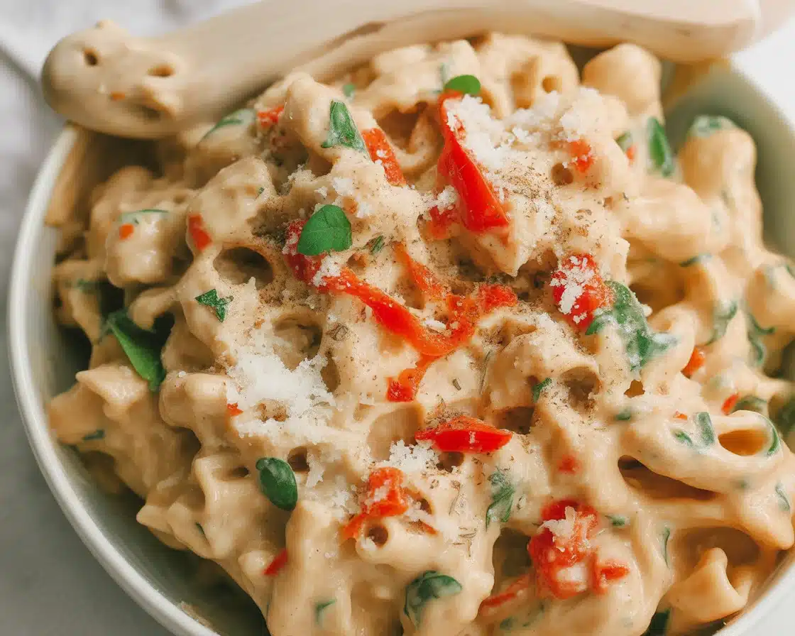 Creamy Baked Boursin Pasta with tomatoes and garlic in a baking dish.