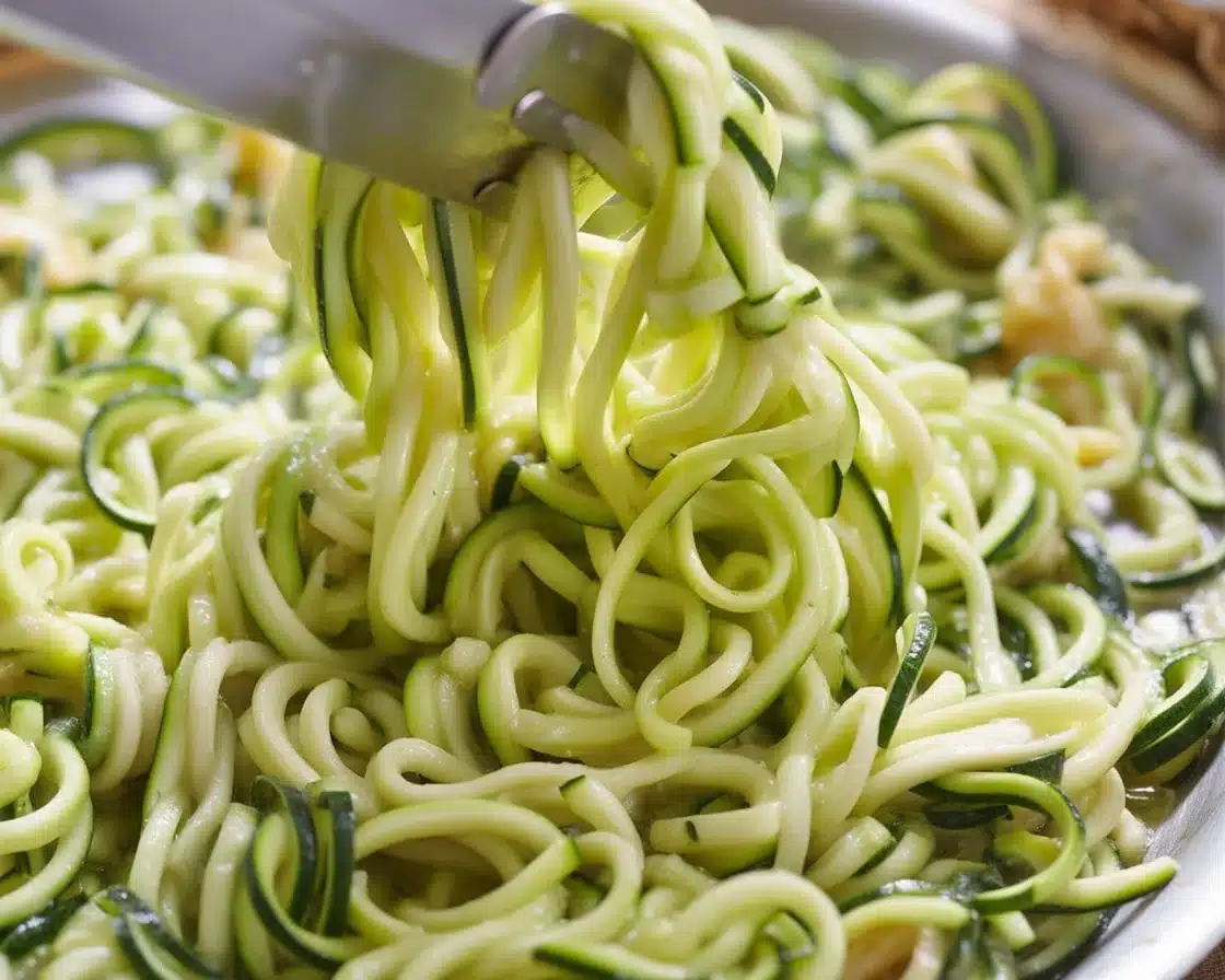 Delicious zucchini noodles tossed with garlic, basil, and parmesan cheese.