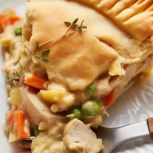 A delicious homemade chicken pot pie from scratch with a flaky crust and creamy filling.