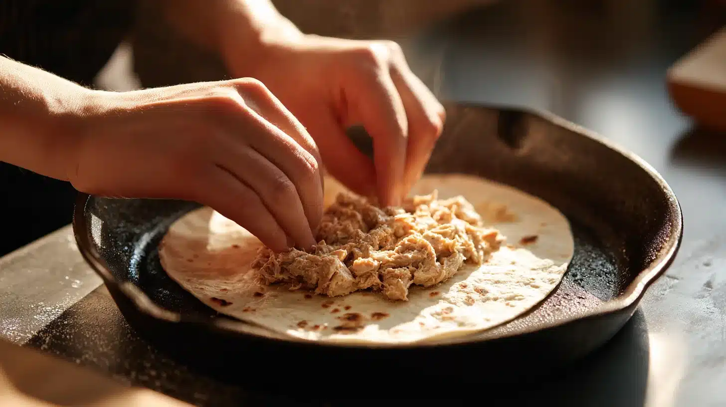 Spreading chicken caesar smash taco filling on tortilla
