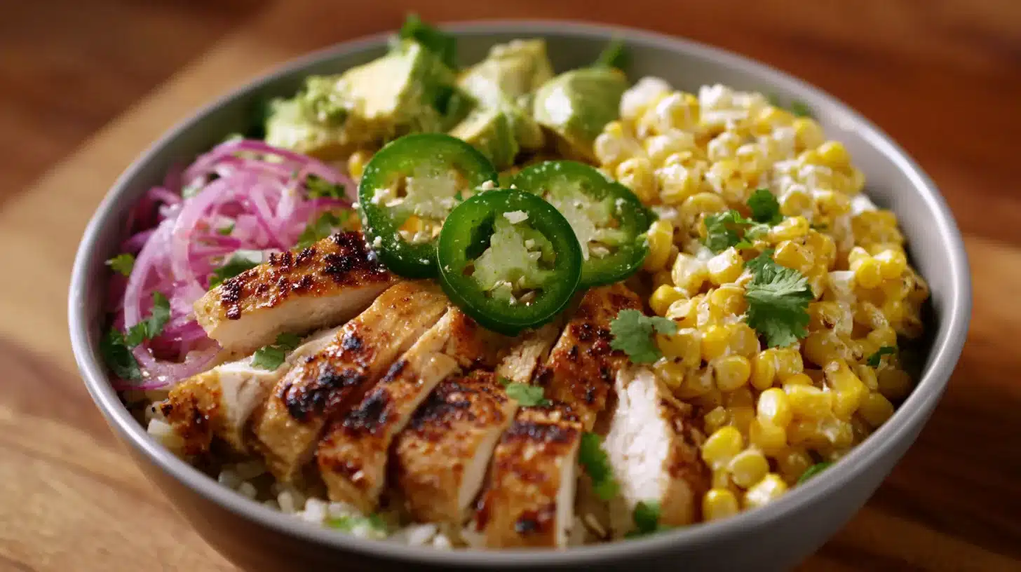 assembling street corn chicken rice bowl recipe
