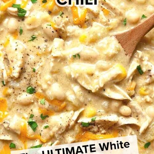 Delicious bowl of Crockpot White Chicken Chili with chicken, beans, and garnished with cilantro