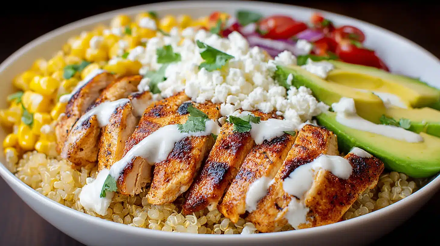High Protein Chicken Corn Bowl with yogurt drizzle