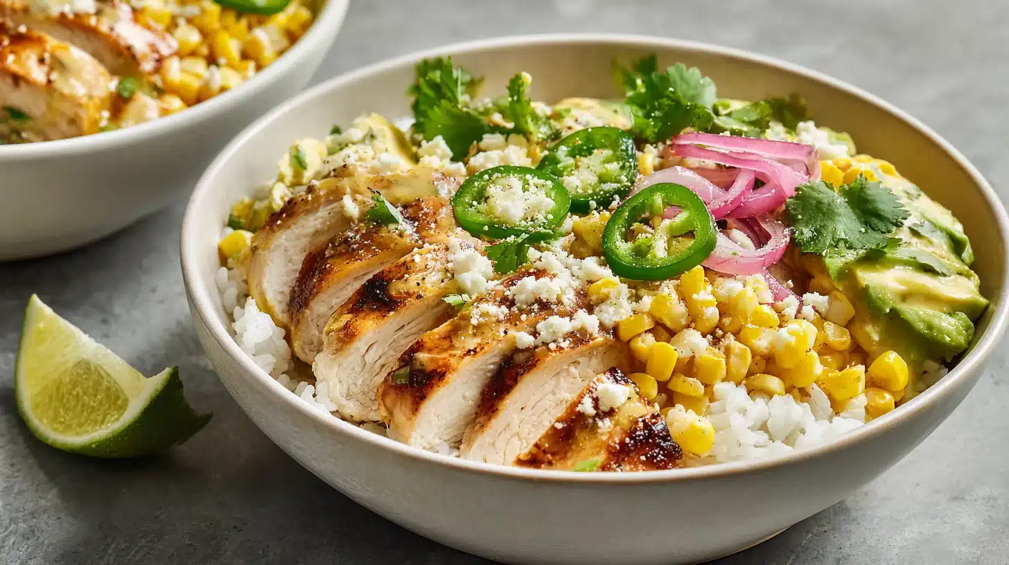 finished street corn chicken rice bowl recipe served on rustic plate