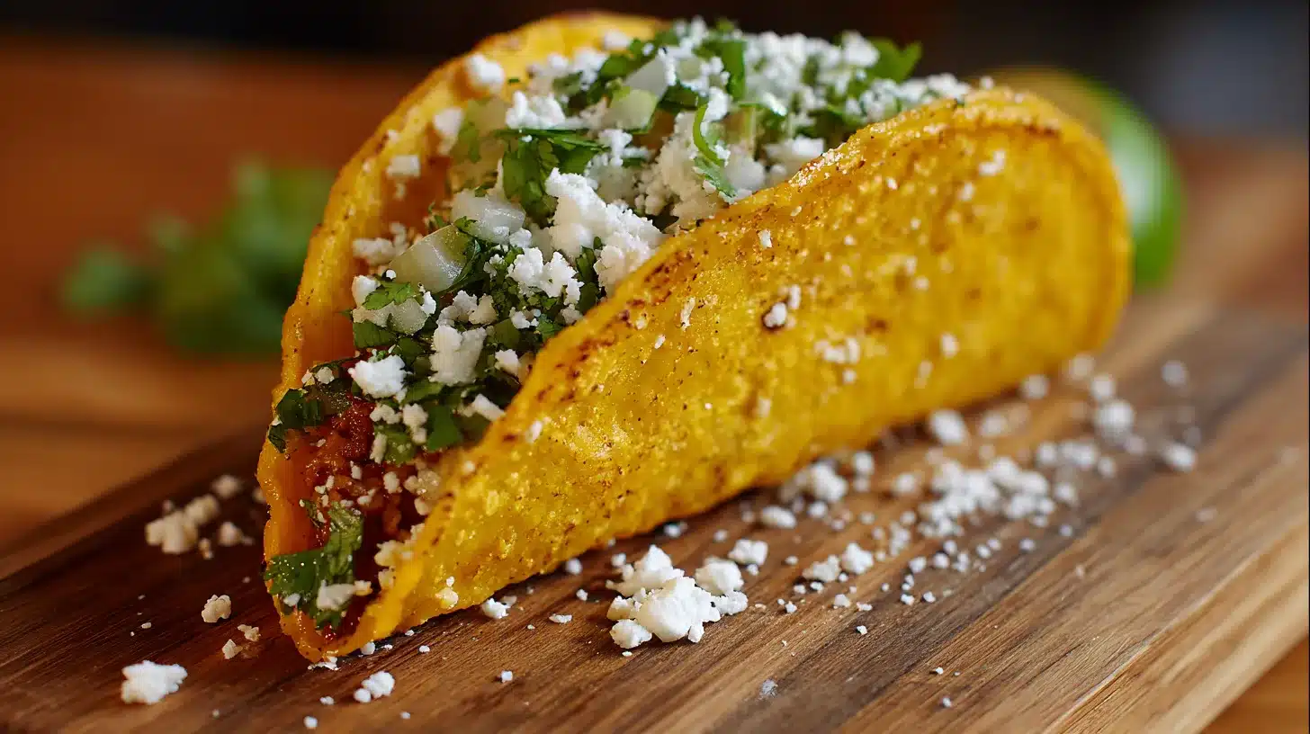 Chicken caesar smash taco being lifted from skillet