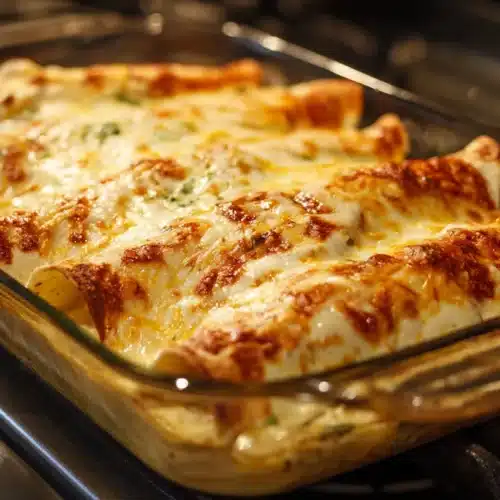 Finished Easy Creamy White Chicken Enchiladas hot from oven