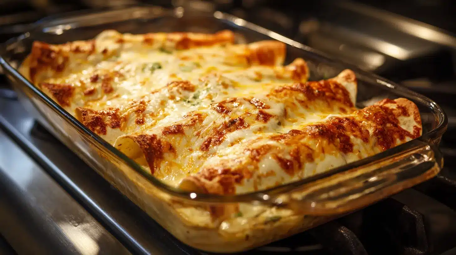 Finished Easy Creamy White Chicken Enchiladas hot from oven