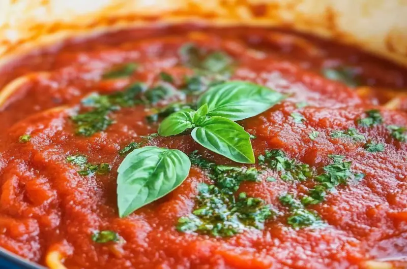 Homemade pasta sauce made with fresh tomatoes, onions, and garlic, served over spaghetti.