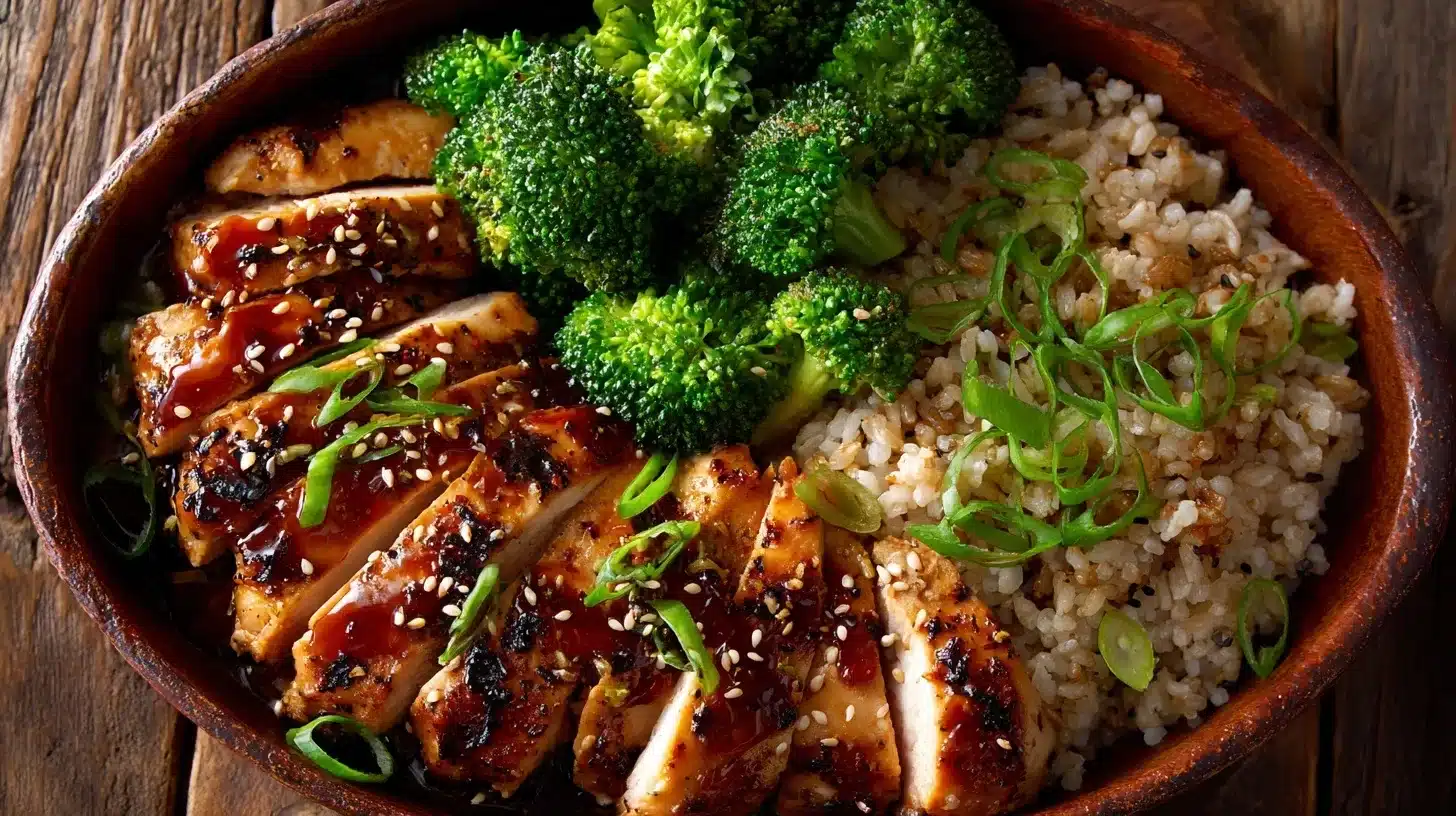 Grilled chicken teriyaki Panda Express served on a rustic plate
