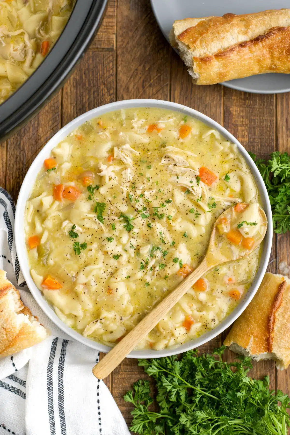 Bowl of hearty Crockpot Chicken Noodle Soup with vegetables and herbs