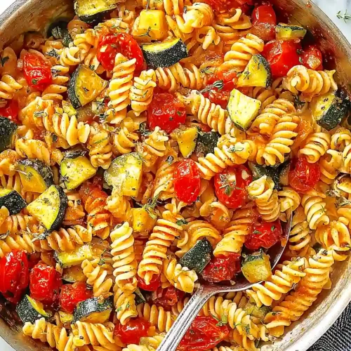 A delicious bowl of Zucchini Butter Pasta topped with fresh herbs and cheese.