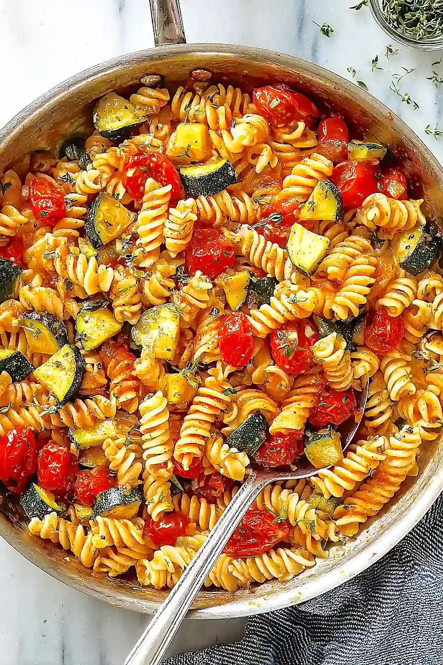 A delicious bowl of Zucchini Butter Pasta topped with fresh herbs and cheese.